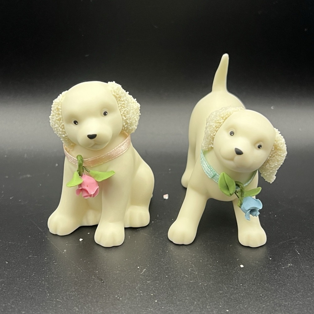 Set of 2 Dept 56 Easter Collectible Puppy Figurines 2005 Playful Pink & Blue